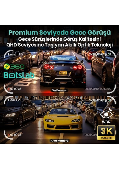 360+ Botslab G300h Pro Adas 3k Ön+Arka Wifi+Gps 150 Geniş Açı Gece Görüşlü Araç İçi Kamera Dash Cam Araç Kamerası+Wdr+lcd Ekran+G-Sensör+Sesli Kontrol