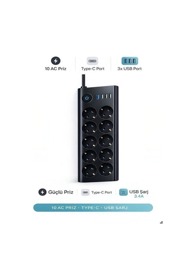 10'lu Priz, 3 Usb, 3.4 Amper, 1 Type-c Girişli 16a Akım Korumalı Uzatma Kablolu Priz Çoklayıcı 1 - 3 M