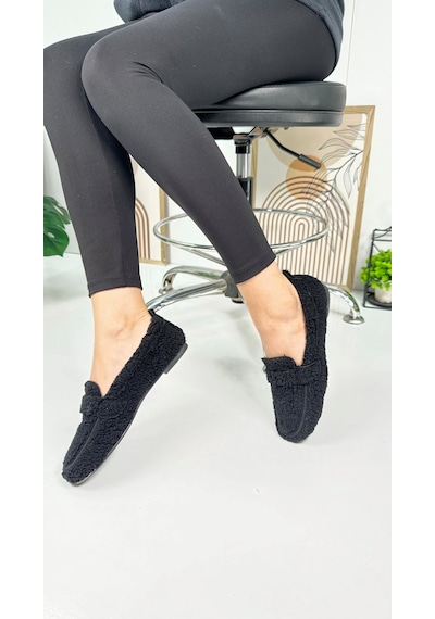 Günlük Kadın Loafer Peluş Astarlı Oval Burunlu Alçak Desenli Tabanlı Ayakkabı 375 Siyah