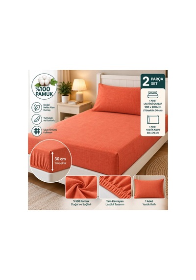 Slc Home %100 Pamuk Kumaş 100 X 200 Cm Lastikli Çarşaf 1 Adet Yastık Kılıflı Tek Kişilik 2li Set Turuncu - 939641234 Turuncu