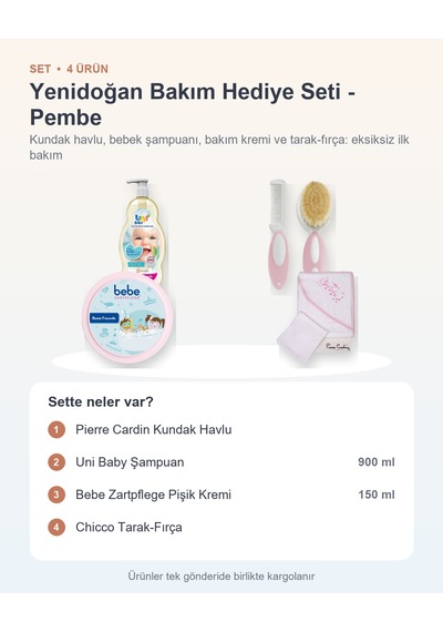 Yenidoğan Bakım Hediye Seti 4 Parça: Kundak Havlu + Şampuan + Pişik Kremi + Tarak-fırça - Pembe