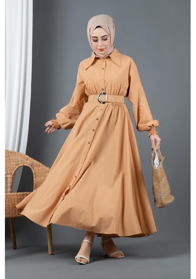 Sevitli Kemer Detaylı Elinna Elbise-camel-1568-camel Camel