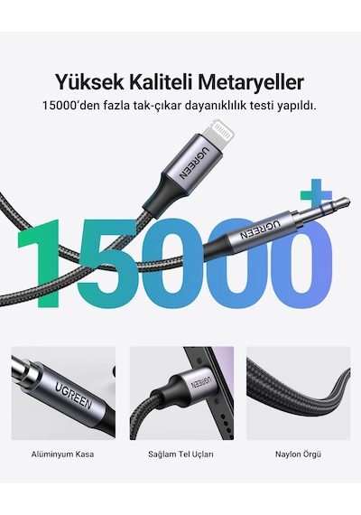 Ugreen Mfi Sertifikalı Lightning To 3.5mm Örgülü Ses Kablosu, 1 Metre, Siyah, 70509