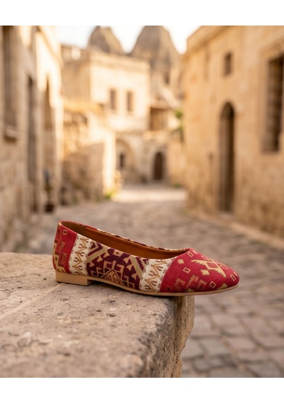 Futsishoes Vıttorıa Hakiki Deri Etnik Desenli Kadın Kırmızı Kilim Desenli Babet