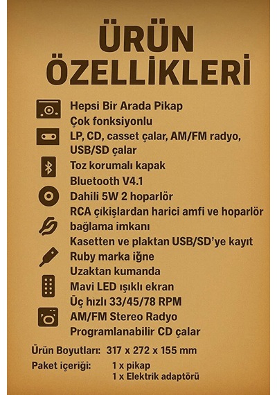 Kn-110 Vintage Plak Cd Kaset Usb Bluetooth Tf Aux Özelikli Pikap Kahverengi