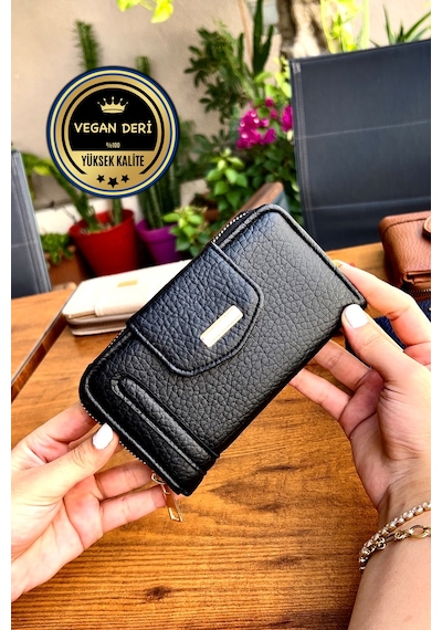 Lavinia Siyah Vegan Deri Kadın Cüzdan Fermuarlı Ve Mıknatıslı 16x9 Cm Siyah