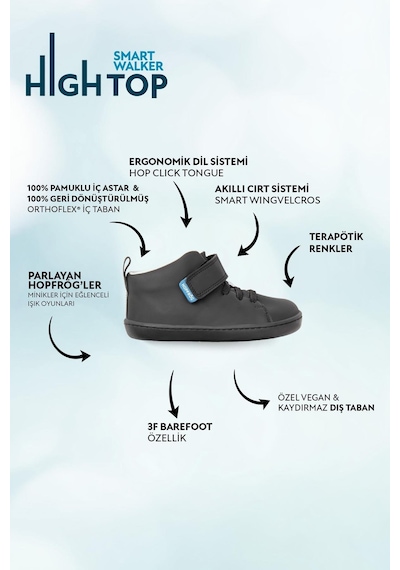Smart Walker High Top Süper Mat Siyah Barefoot Çocuk Bot-süper Mat Siyah