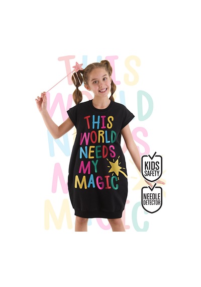 Denokids Magical Kız Çocuk Siyah Eteği Lastikli Yazlık Elbise