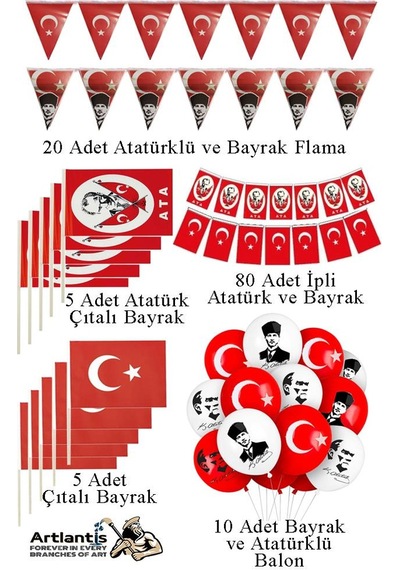Okul Sınıf Süsü 7 Çeşit 1 Paket Çıtalı Bayrak Bayraklı Balon Atatürklü Balon İpli Bayrak Flamalı Bayrak 29 Ekim 23 Nisan