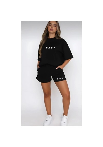 Medinenur Kadın Baby Baskılı Tshirt Şort Takım Siyah