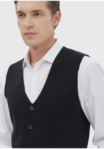 Ramsey Siyah Regular Fit V Yaka Casual Örme Triko Yelek