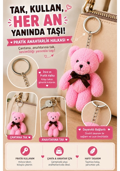 1 Adet Pembe Peluş Ayıcık Anahtarlık 15x8 Cm Çanta Sırt Çantası Anahtar Aksesuarı Sevimli Fiyonklu