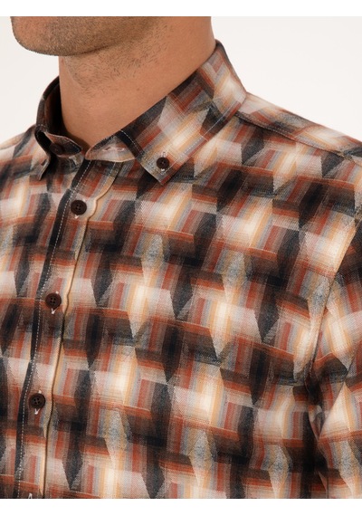 Cacharel Kiremit Slim Fit %100 Pamuk Desenli Gömlek Kırmızı