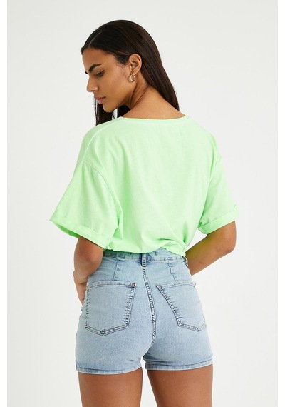 Kadın Neon Yağ Yıkamalı T-shirt Yeşil