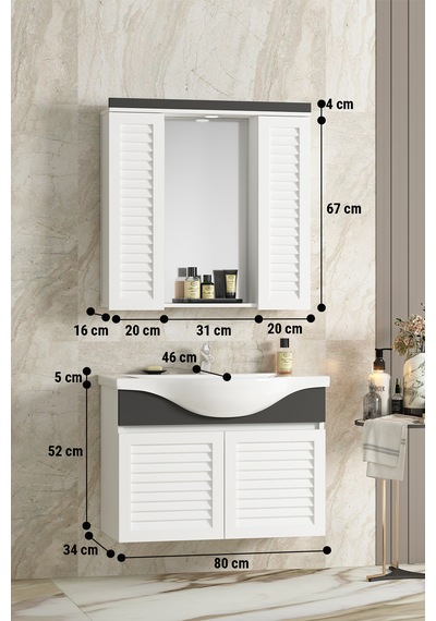 Lilyum 80 Cm Beyaz-antrasit Gri Mdf Panjurlu Banyo Dolabı Takımı Beyaz - Antrasit