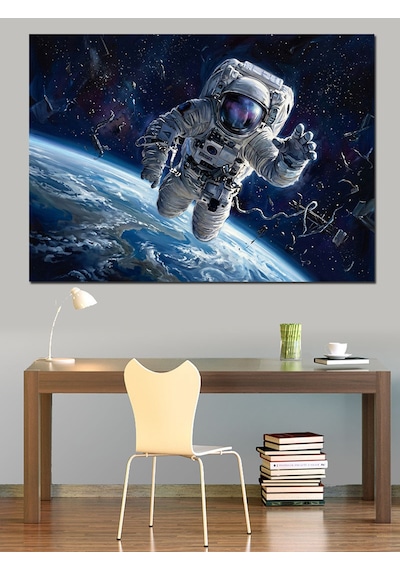 Uzay Boşluğunda Astronot Ve Dünya Dekoratif Kanvas - Mdf Ahşap Tablo