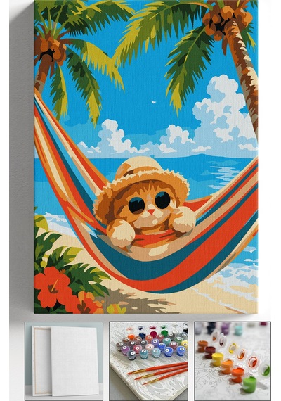 Sayılarla Boyama Seti Numaralı Tuval Fırça Boya Askı Aparatı Dahil Set 40x50 Cm - Hamak Kedi