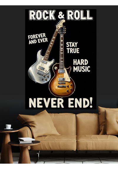 Ahşap Tablo Beyaz Gitar Rock And Roll Posteri