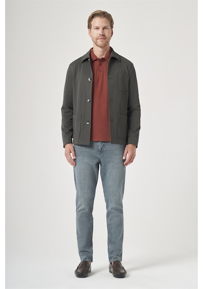 İmza Haki Berberi Yaka Çizgili Desen Gofreli Slim Fit Casual Mont 1007260153