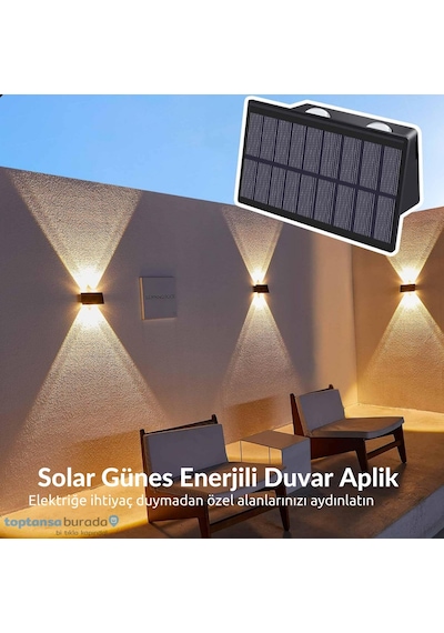 Technosmart 2adet Güneş Enerjili Çift Taraflı 4 Ledli Aplik Sarı Işık Duvar Lambası Bahçe Aydınlatma