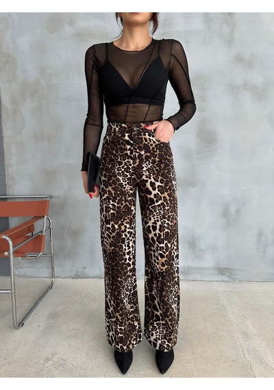 Zeo Basic Wide-leg Pantolon Leopar Desenli Kahverengi