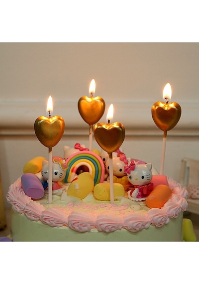 4 Adet Gold Kalpli Pasta Mumu Kalpli Doğum Günü Pasta Mumu Gold Pasta Mumu Kalpli Mum Gold Candle Renkli