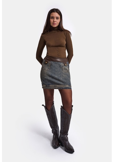 Kadın Koyu Kot 2w6-8 Straight Deri Detaylı Esnek Kumaş Tasarım Mini Denim Etek
