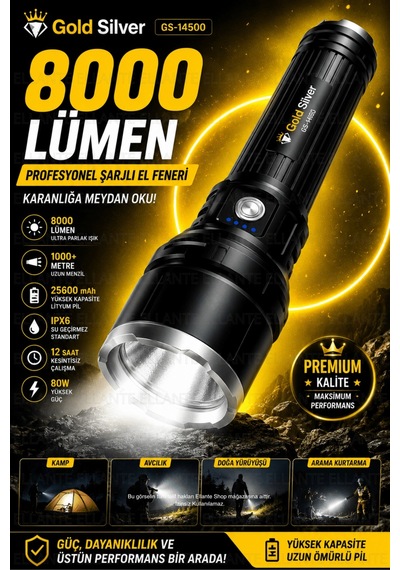 Şarjlı El Feneri 8000 Lümen Uzun Menzil Li-ion Bataryalı Su Geçirmez Taşıma Çantalı Profesyonel Led Çok Renkli