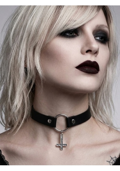 Mor Haç Detaylı Choker Kolye Kadın Gotik Boyunluk Kolye Punk Alternatif Moda Aksesuarı Ayarlanabilir Yaka Kolyesi Gri
