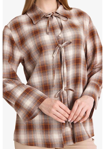 Defacto Regular Fit Dama Desenli Flanel Önden Bağlamalı Uzun Kollu Tunik G1382ax25wnbn341 Kahve-bn341