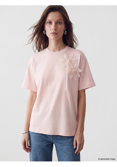 Lcw Modest Pembe Bisiklet Yaka Çiçek Aplikeli Bluz