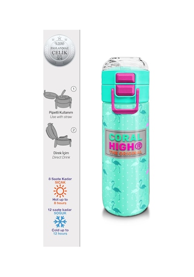 Coral High Kids Su Yeşili Neon Pembe Flamingo Desenli Pipetli Ve Direkt İçim Çelik Termos 500 Ml 31904 Su Yeşili - Pembe