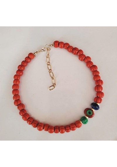 Turuncu Cam Kabak Boncuk Nazar Detaylı Choker Kolye Turuncu