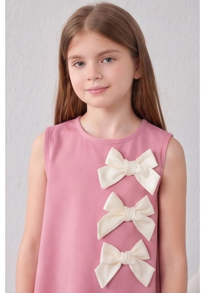 Fesshera Kids Kız Çocuk %100 Pamuk Double Crep Elbise Fiyonk Detaylı Sıfır Kollu Düğme Kapamalı Özel Gün Elbisesi Pembe
