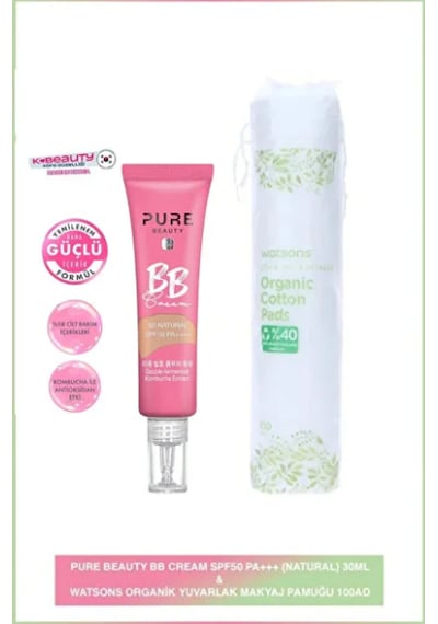 Pure Beauty Bb Krem, Spf50, Pa++++, 02- Natural 30 Ml + Watsons Organik Makyaj Pamuğu 02 Natural
