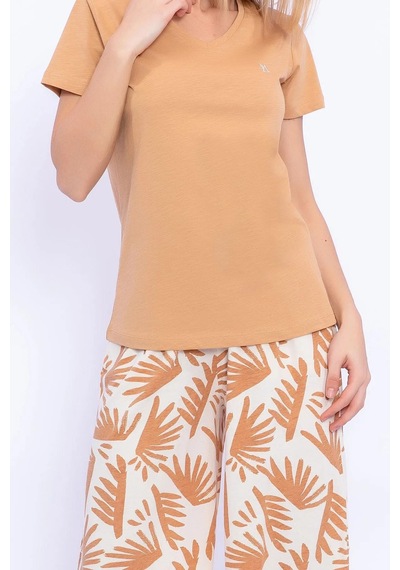 Pierre Cardin Arnetta Camel Renk Kadın Kısa Kollu Pijama Takımı Çok Renkli