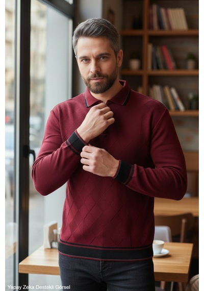 Kamalı Erkek Bordo Tüylenme Yapmayan Anti-pilling Standart Fit Normal Kesim Premium Polo Yaka Triko Kazak