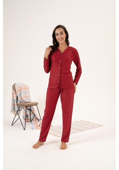 Estiva Puantiye Desen Önden Düğmeli Süet Bayan Pijama Takım 001