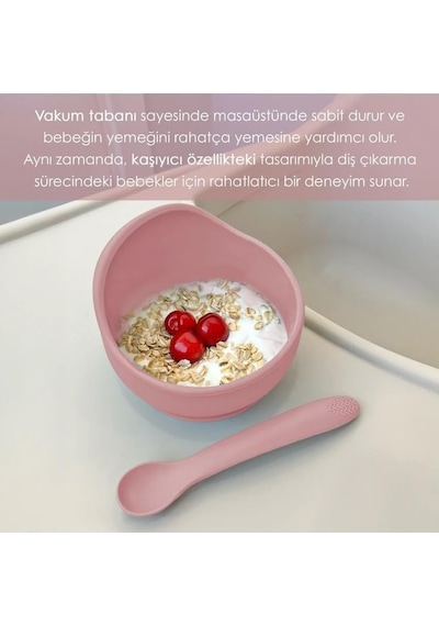 Meleni Baby 2'li Silikon Bebek Beslenme Seti - Vakumlu Mama Kasesi - Diş Kaşıyıcı Silikon Kaşık - Pembe Genel
