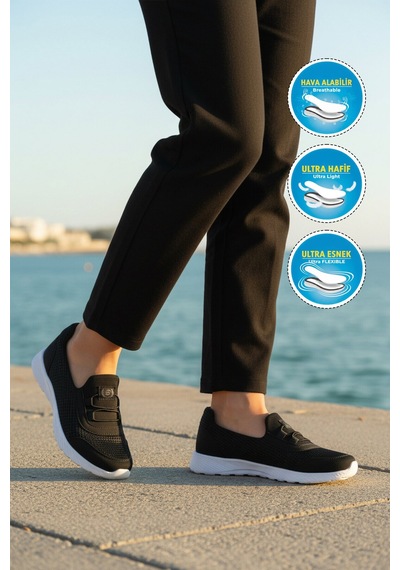 Walkway Siyah Beyaz Fileli Hafif Esnek Kolay Giyilebilir Kadın Casual Ayakkabı 575 G Siyah-beyaz