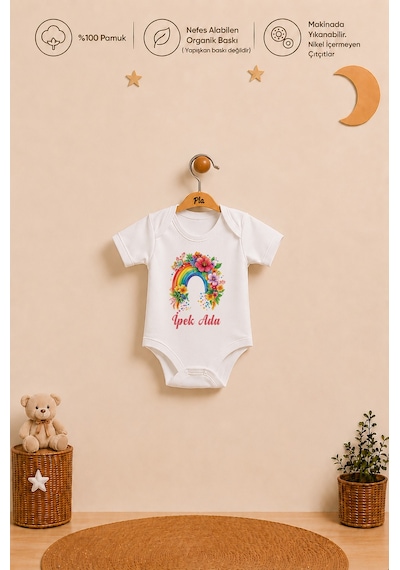 Pia Baby İsme Özel Kız Bebek Hediyesi %100 Pamuk Organik Baskılı Body Yastık Kılıfı Ve Ham Bez Kıyafet Kesesi 1005byk2x Ekru