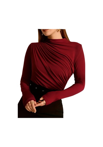 Unika Boutique Kadın Siyah Büzgü Detaylı Dik Yaka Sandy Bluz bordo