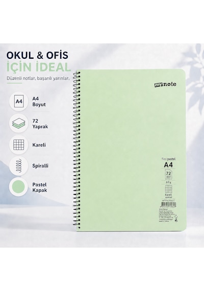 Mynote Flex Pastel A4 72 Yaprak 60 Gr Spiralli Kareli Defter Açık Yeşil