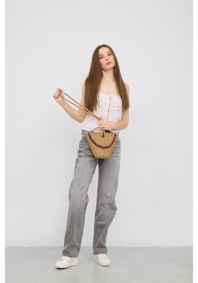 Shule Bags Piccolo Handmade Boncuk Detaylı Hasır Çanta Vizon Vizon