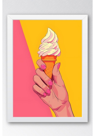Dondurma Tutan El Yumuşak Dondurma Külah Çerçeveli Tablo - Pop Art Poster Tablo