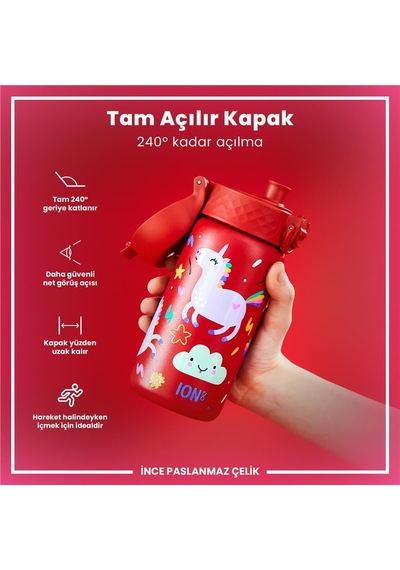Ion8 - Paslanmaz Çelik Çocuk Suluk - Kırmızı Unicorn - 400 Ml - Sızdırmaz Çok Renkli