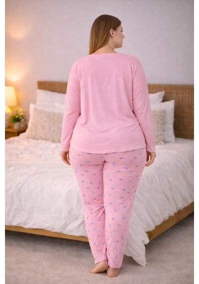Nisanca Kadın Büyük Beden Uzun Kollu Rahat Pijama Takımı Yumuşak Dokulu Konforlu Ev Giyimi Pudra