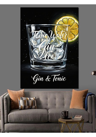 Ahşap Tablo Siyah Beyaz Cin Tonik Bardağı Sarı Limon Detaylı