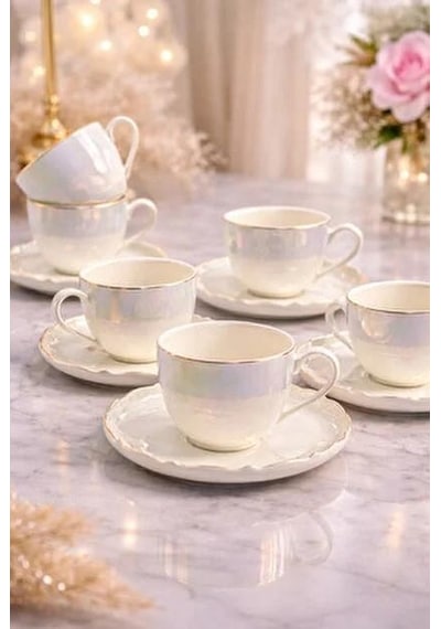 Acar Jea-08360 Pearl Dream 6'lı Porselen Double 150 Ml Kahve Fincan Takımı Krem