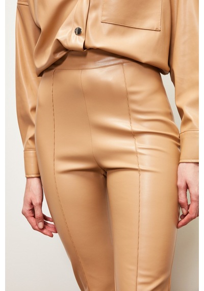 Sateen Yüksek Bel Deri Pantolon - Bej
